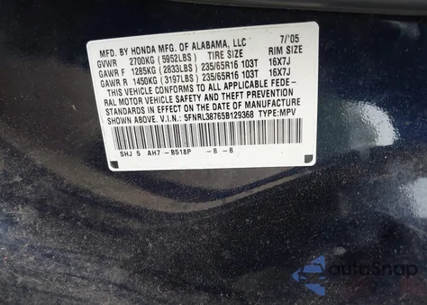 2005 Honda Odyssey Ex-L z USA, uszkodzony, nr VIN 5FNRL38765B129368